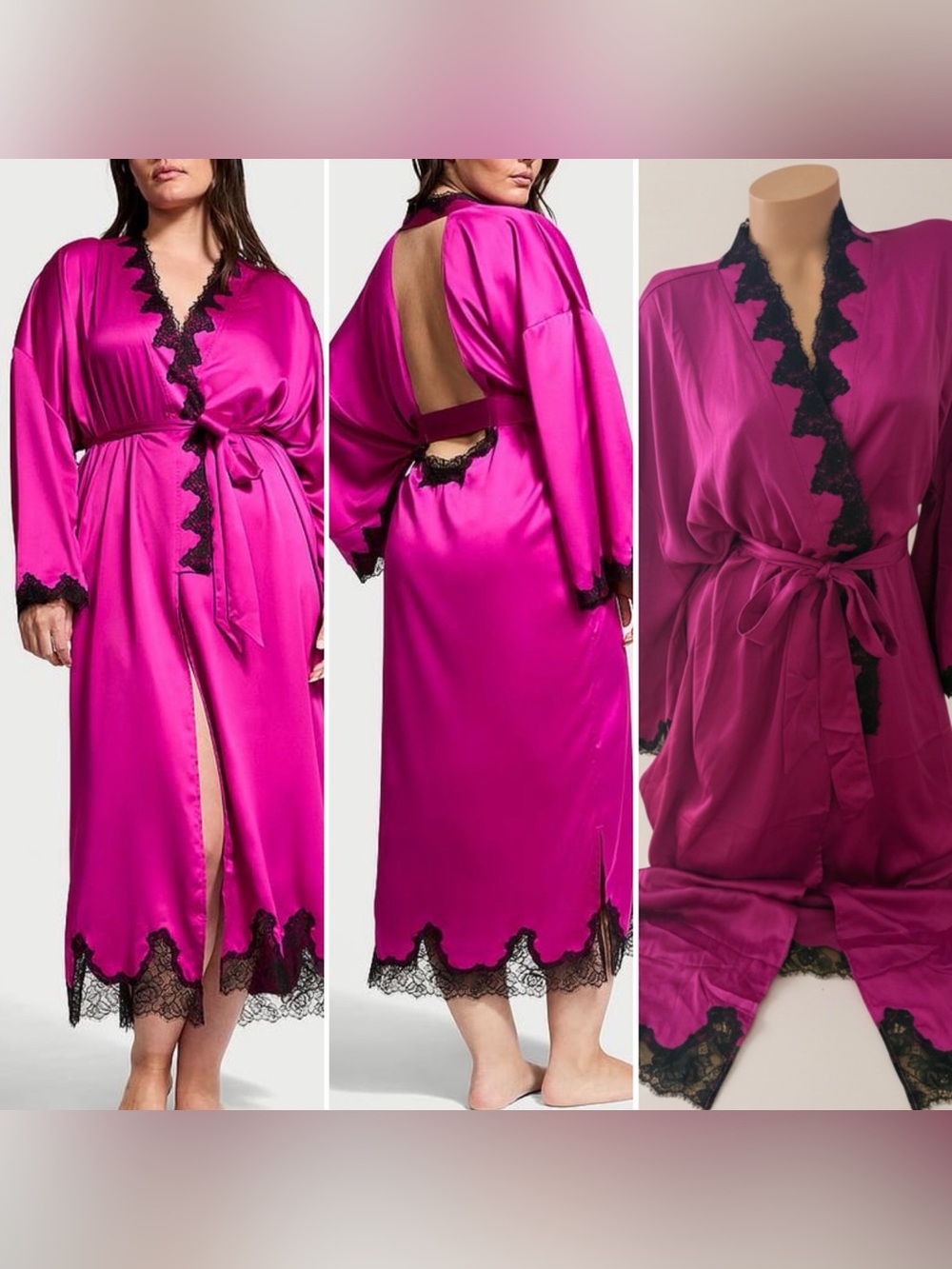 Victoria's Secret Lace Trim Open Back Long Satin Robe Outrageous Pink XS/S